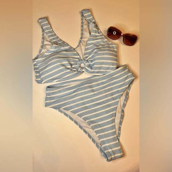 SHEIN Other - Summer Ready Blue & White Textured Bikini Set | High Waist | Size L